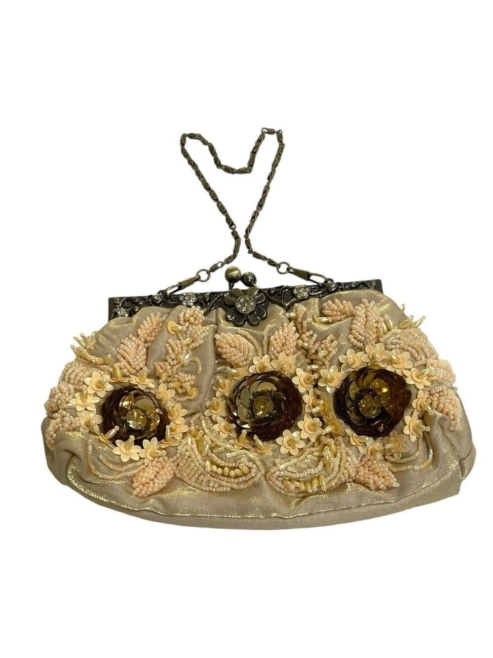 Vintage Sequin Beaded Chain Strap Bag gold Shimmer/peach/cream/